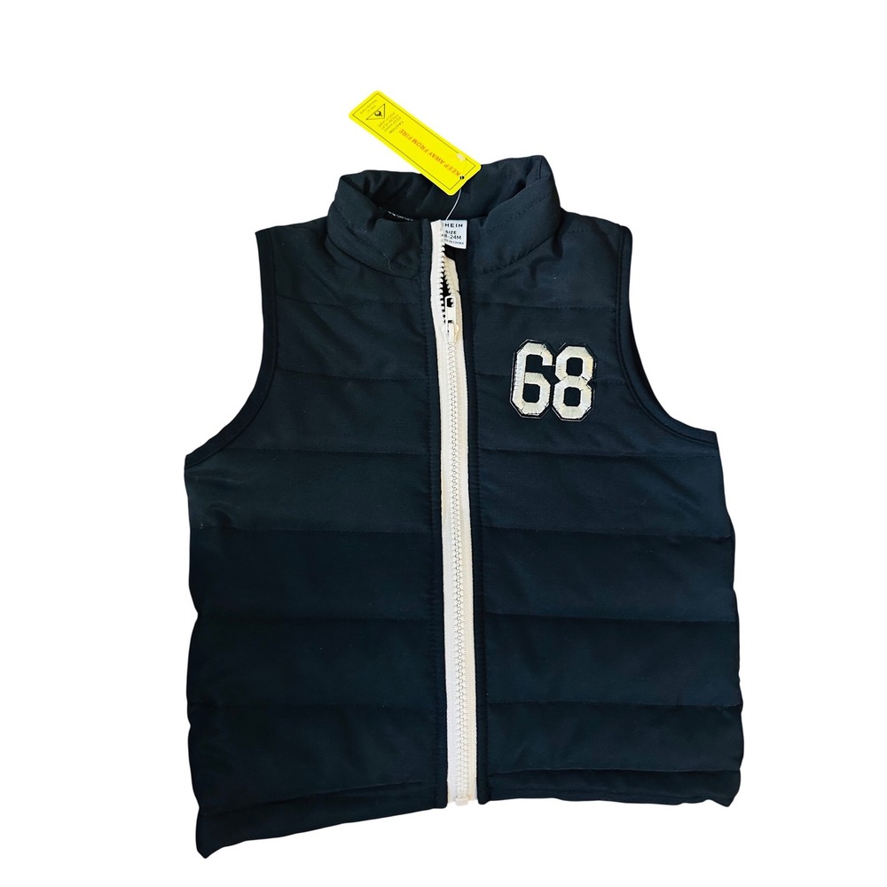 Kids SHEIN Puffer Vest Size 18-24M Navy Blue White 68 Applique Zip Front
